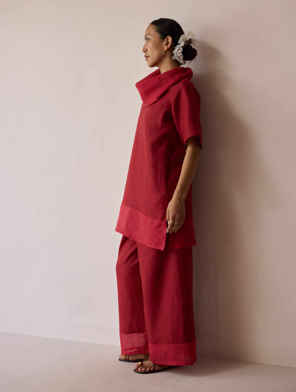 Kora Cowl-Neck Patchwork Linen Kurta - Heirloom Red