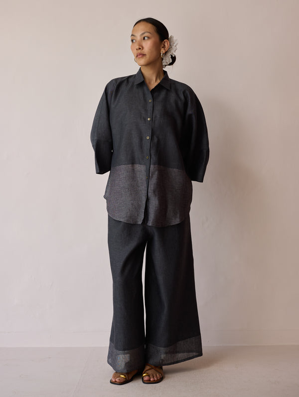 Cassa Linen Patchwork Shirt - Charcoal