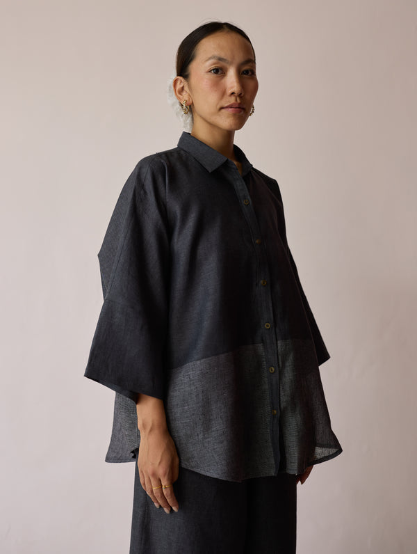 Cassa Linen Patchwork Shirt - Charcoal