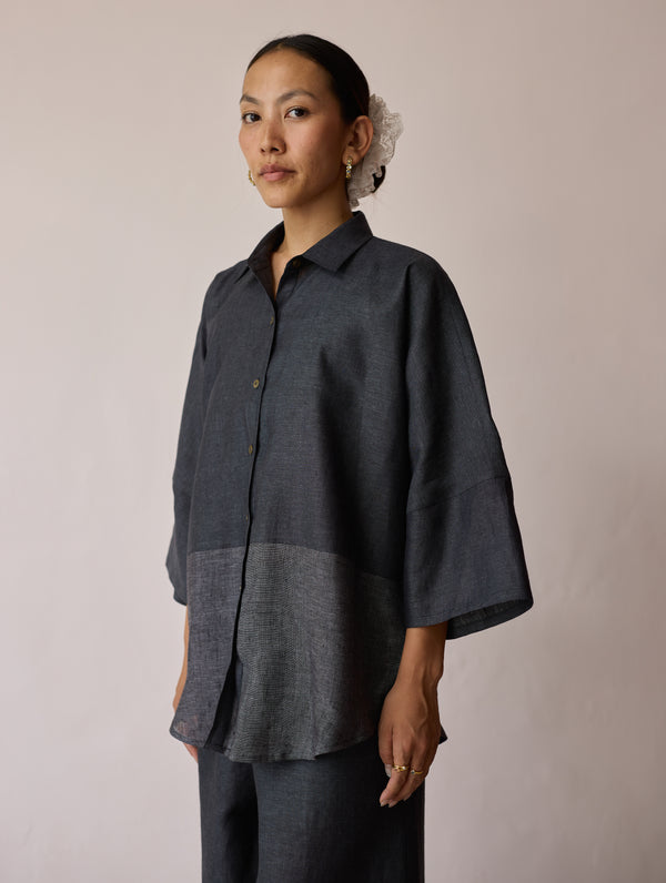 Cassa Linen Patchwork Shirt - Charcoal