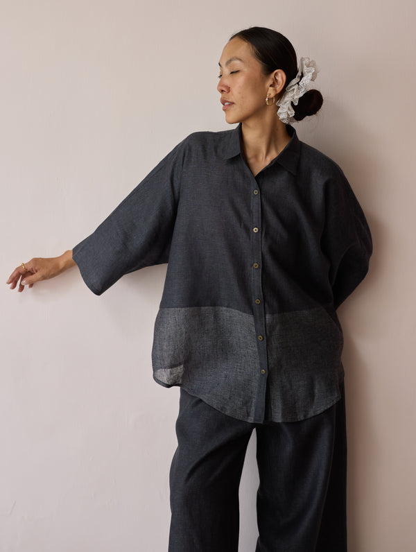 Cassa Linen Patchwork Shirt - Charcoal