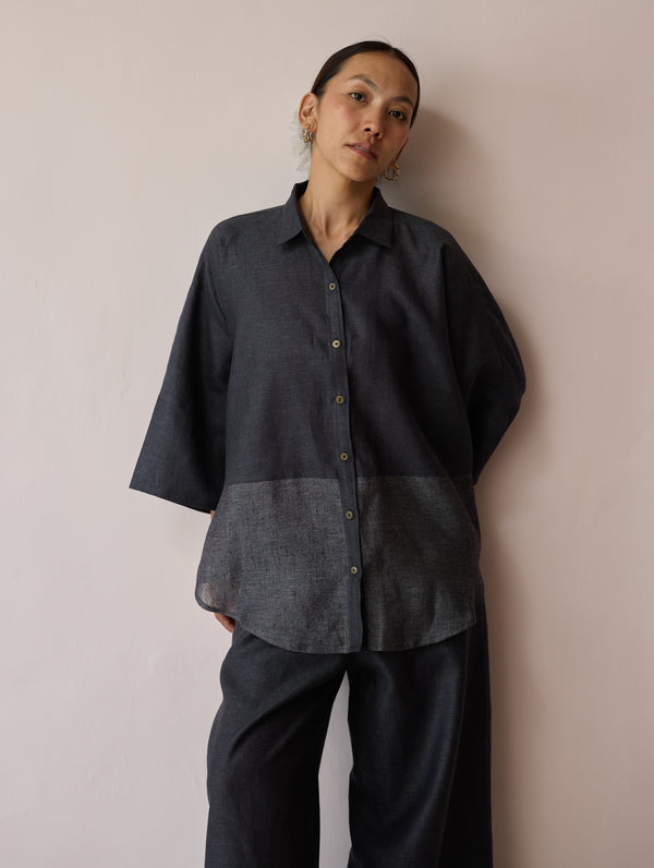 Cassa Linen Patchwork Shirt - Charcoal