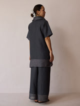 Kora Cowl-Neck Patchwork Linen Kurta - Charcoal