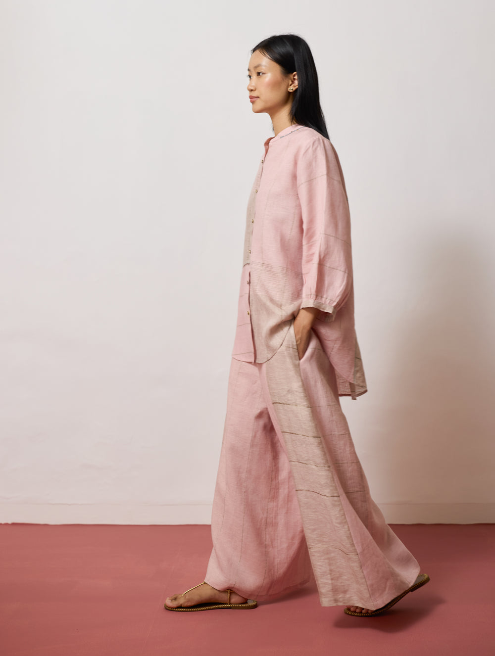 Sera Wide-Leg Metallic Linen Pants - Pink