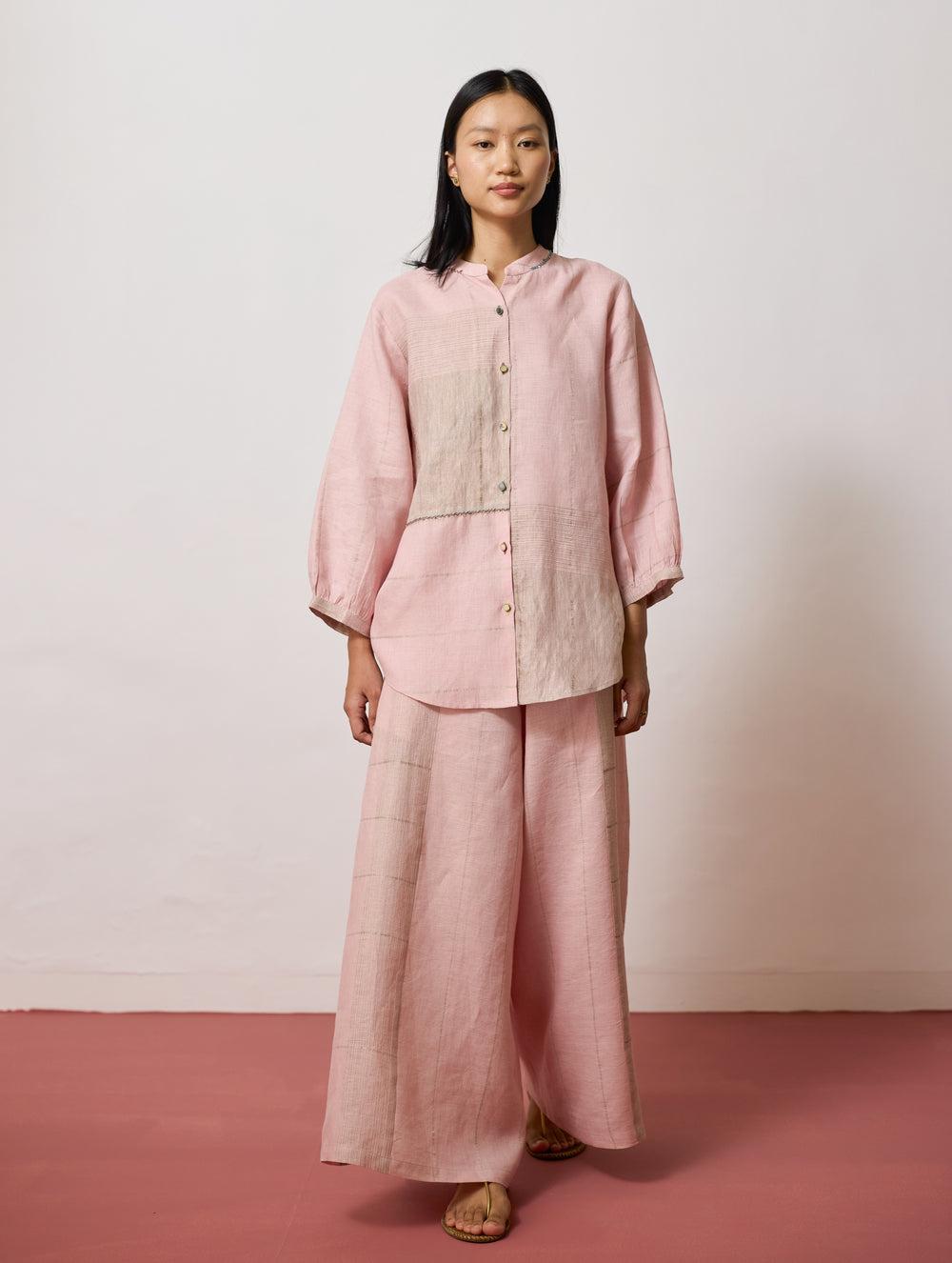 Sera Wide-Leg Metallic Linen Pants - Pink
