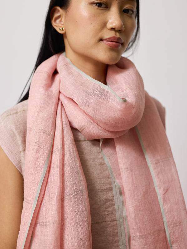 Sava Linen Metallic-Check Dupatta - Pink