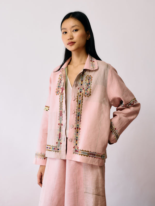 Zuri Hand-Embroidered Metallic Jacket - Pink
