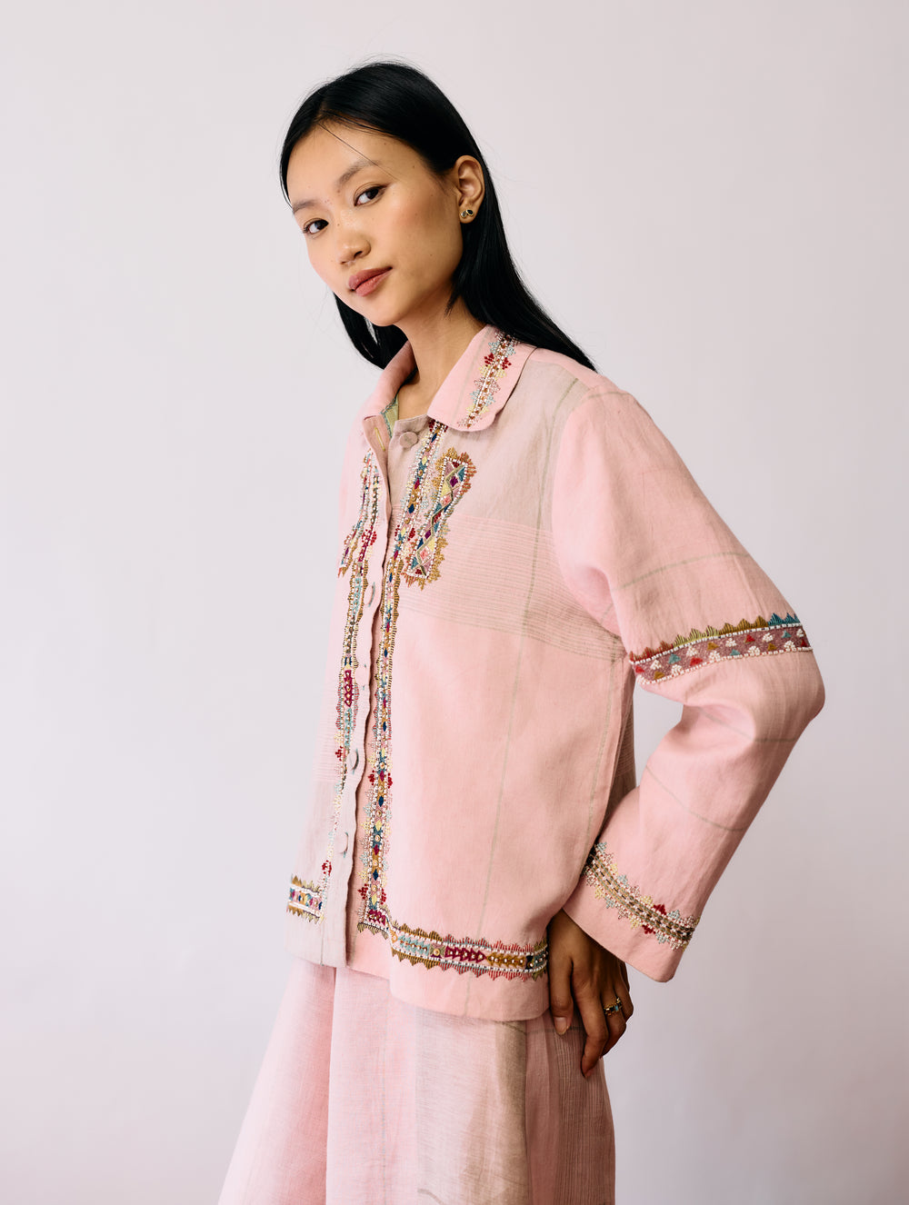 Zuri Hand-Embroidered Metallic Jacket - Pink
