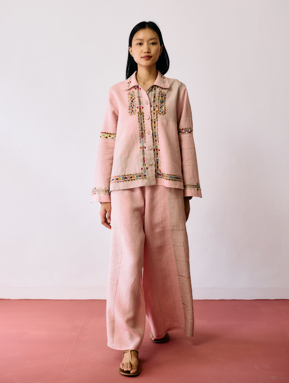 Zuri Hand-Embroidered Metallic Jacket - Pink