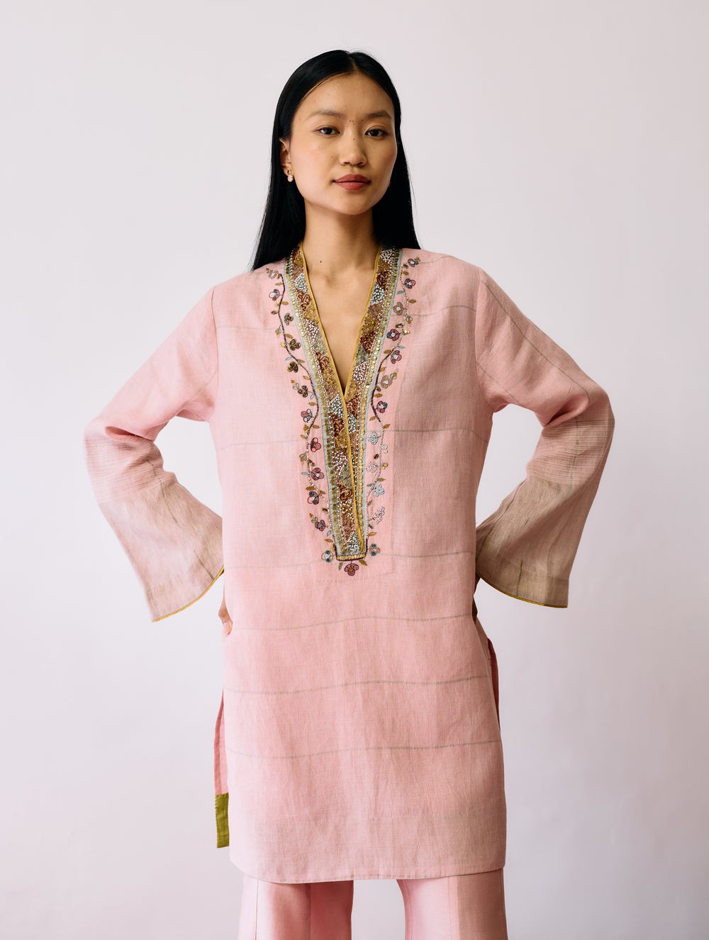 Naar Hand-Embroidered Metallic Kurta - Pink