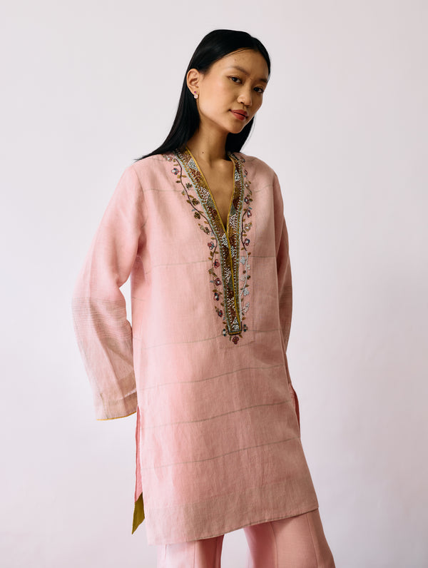 Naar Hand-Embroidered Metallic Kurta - Pink