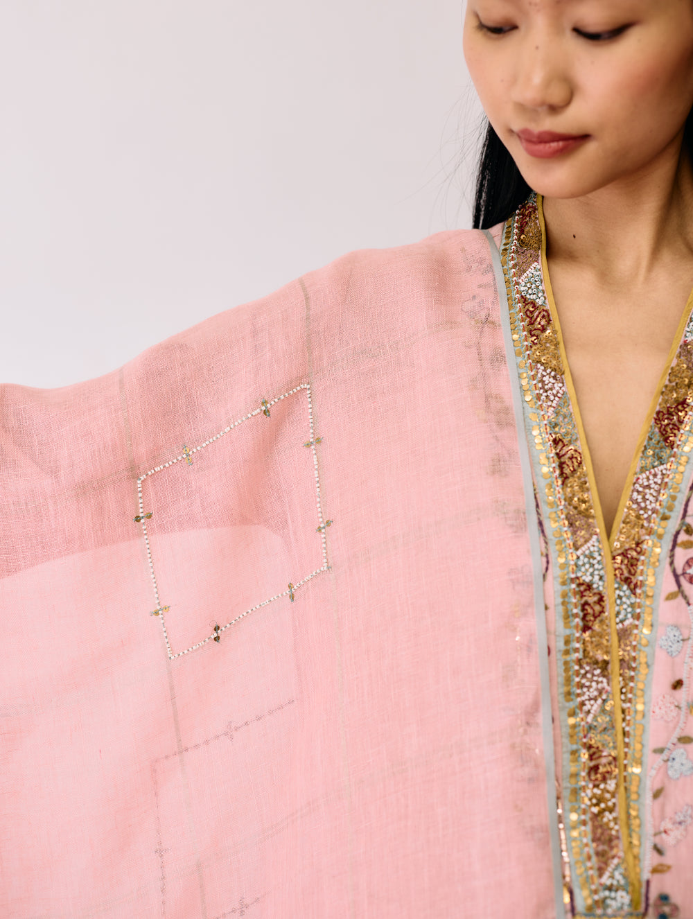 Mora Hand-Embroidered Metallic Linen Dupatta - Pink