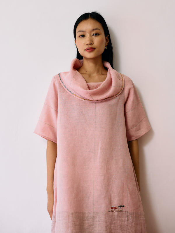 Zaran Cowl Neck Metallic Dress - Pink
