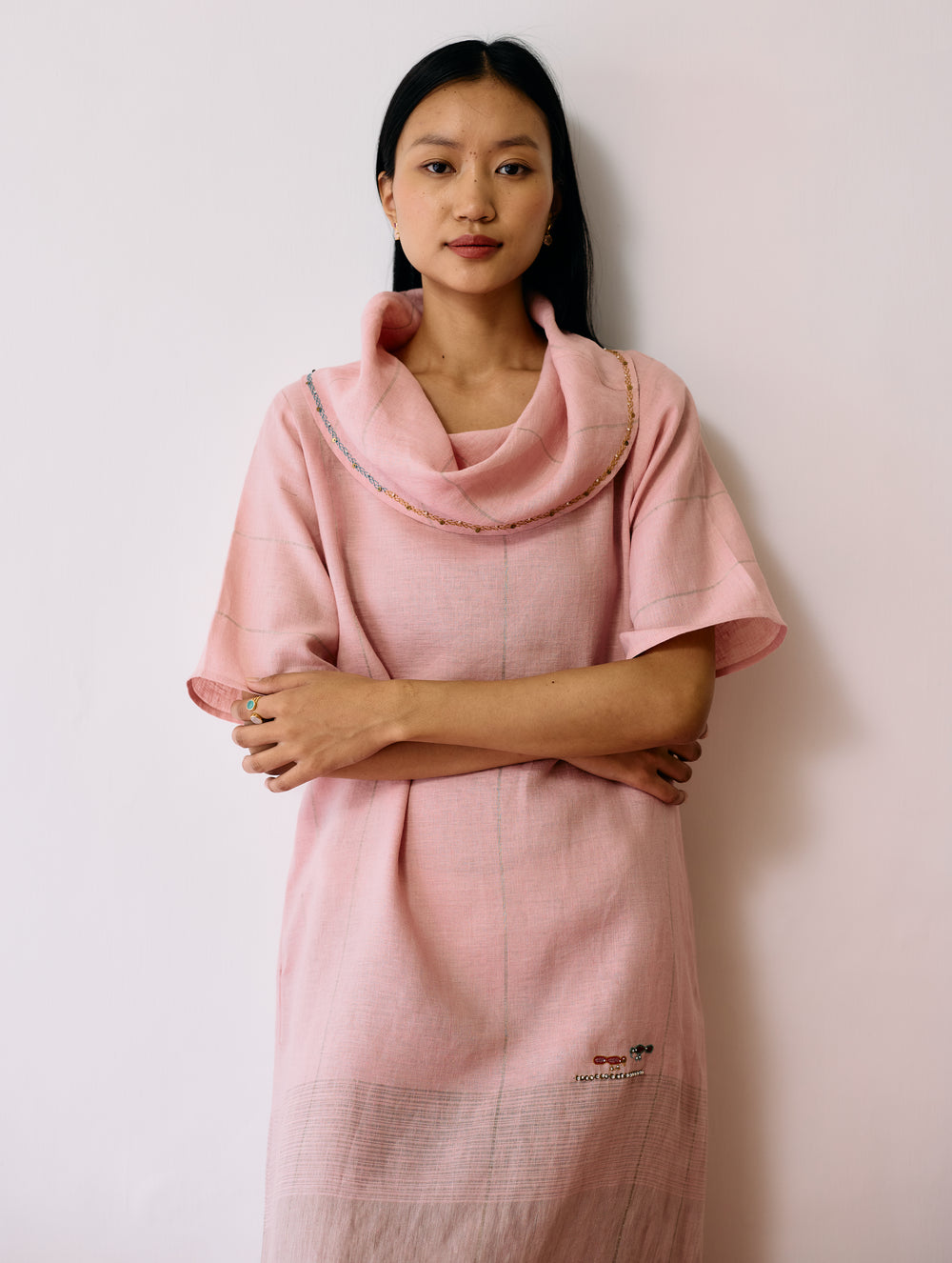 Zaran Cowl Neck Metallic Dress - Pink