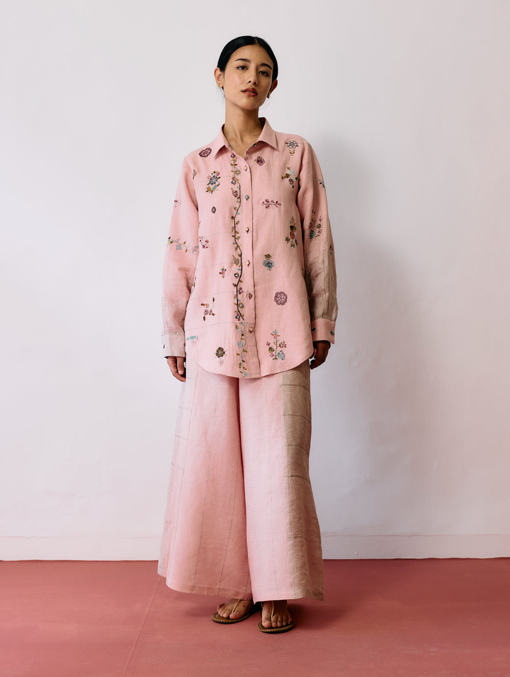 Mansa Floral Hand-Embroidered Shirt - Pink