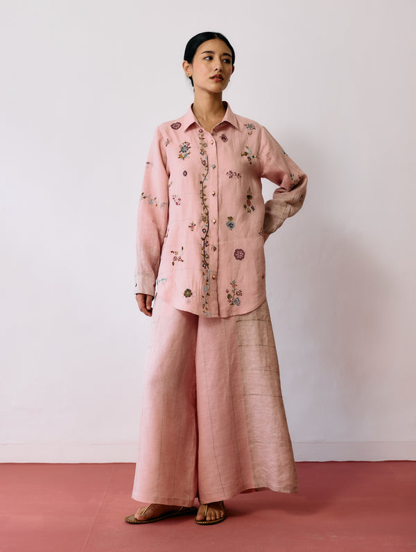 Mansa Floral Hand-Embroidered Shirt - Pink