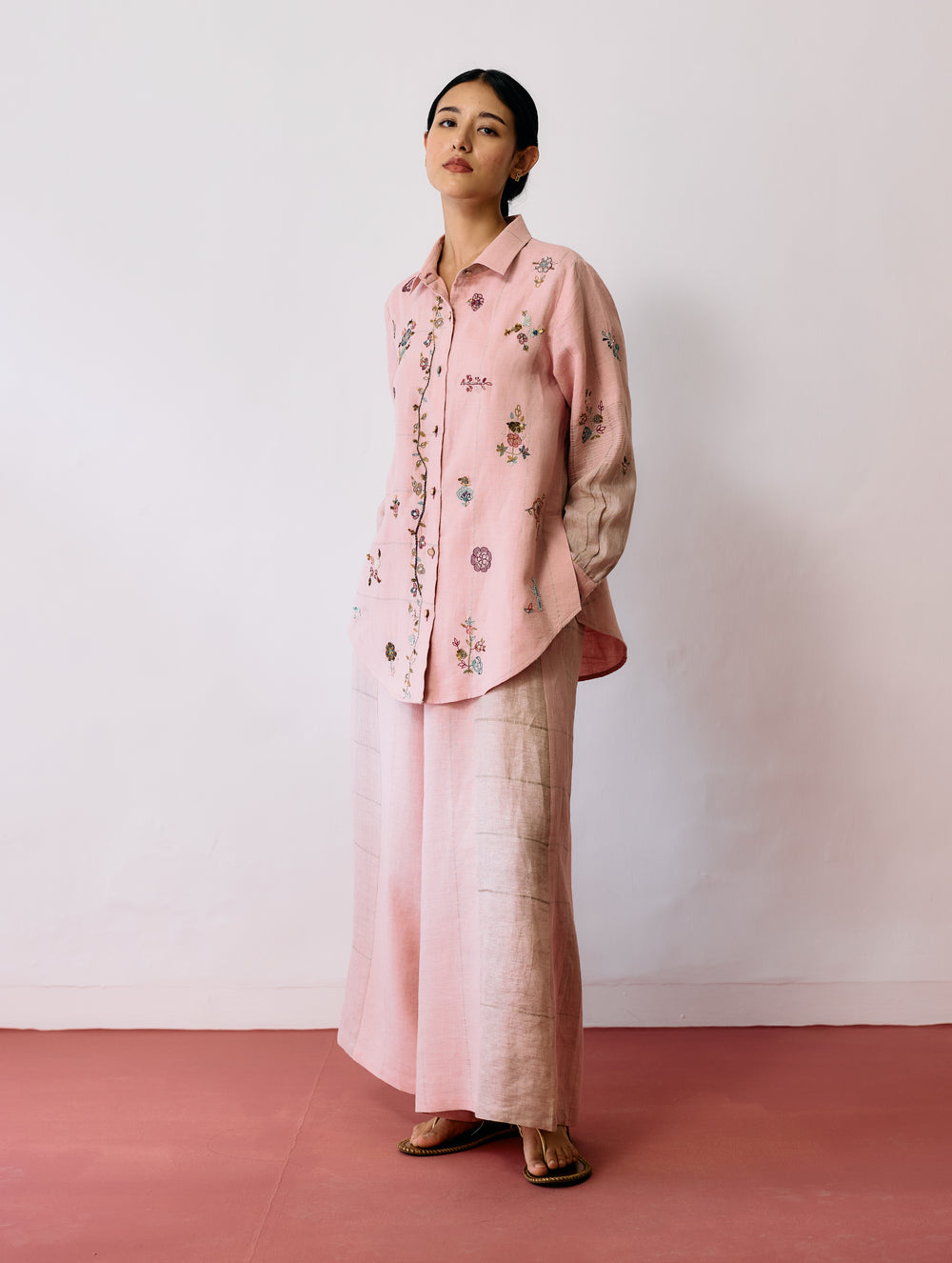 Mansa Floral Hand-Embroidered Shirt - Pink