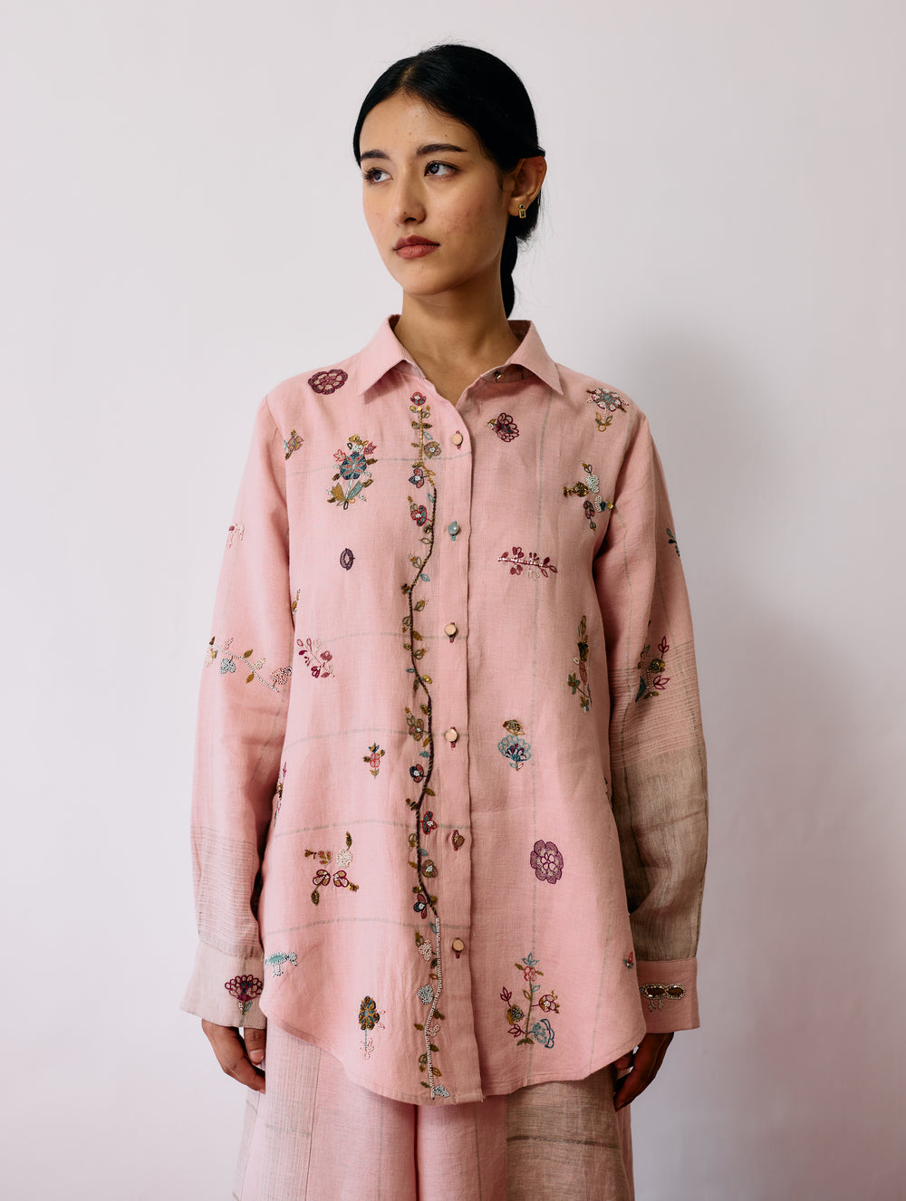 Mansa Floral Hand-Embroidered Shirt - Pink
