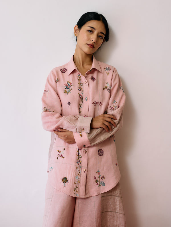 Mansa Floral Hand-Embroidered Shirt - Pink