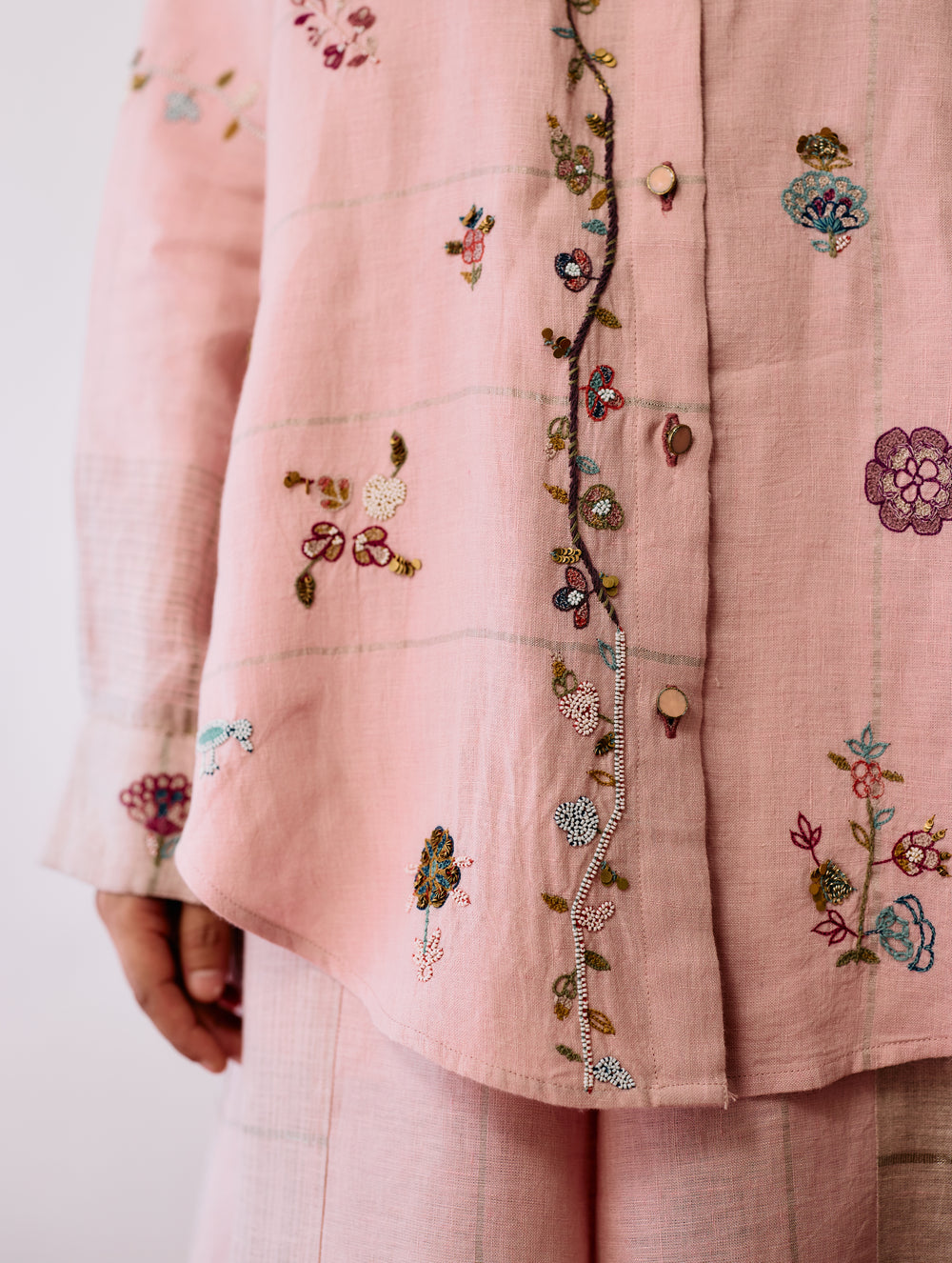 Mansa Floral Hand-Embroidered Shirt - Pink