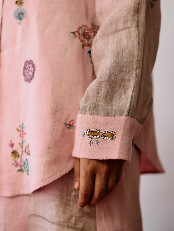 Mansa Floral Hand-Embroidered Shirt - Pink