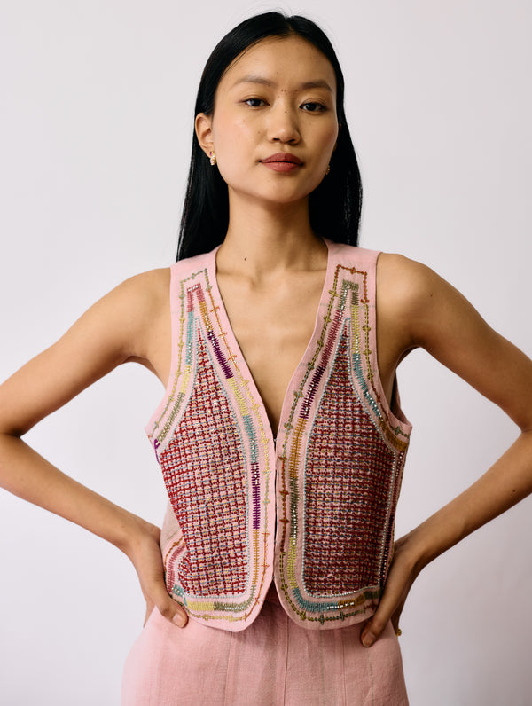 Kaya Hand-Embroidered Vest - Pink