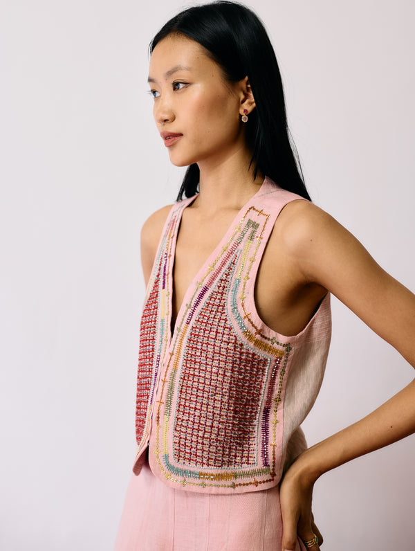 Kaya Hand-Embroidered Vest - Pink