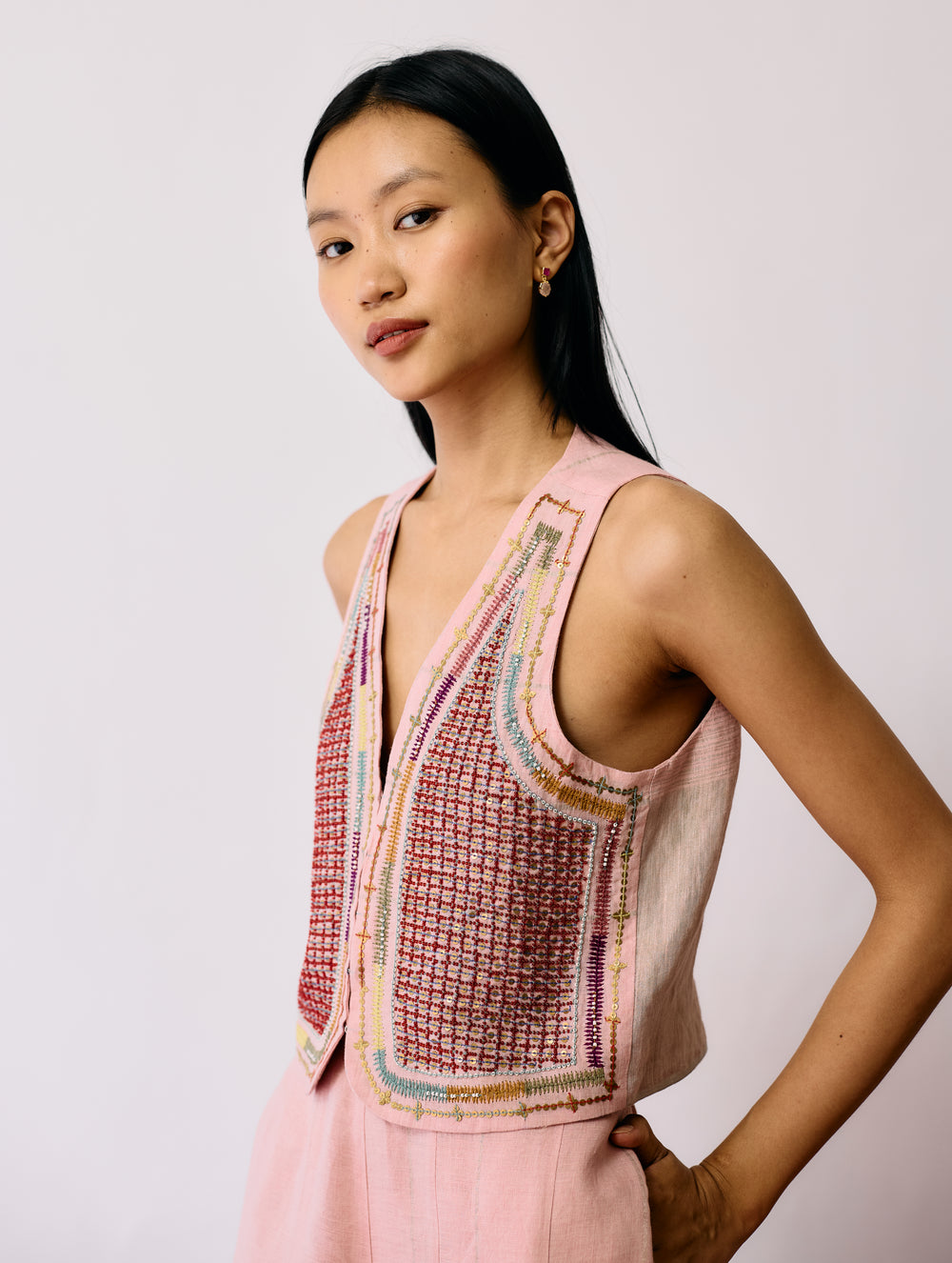 Kaya Hand-Embroidered Vest - Pink