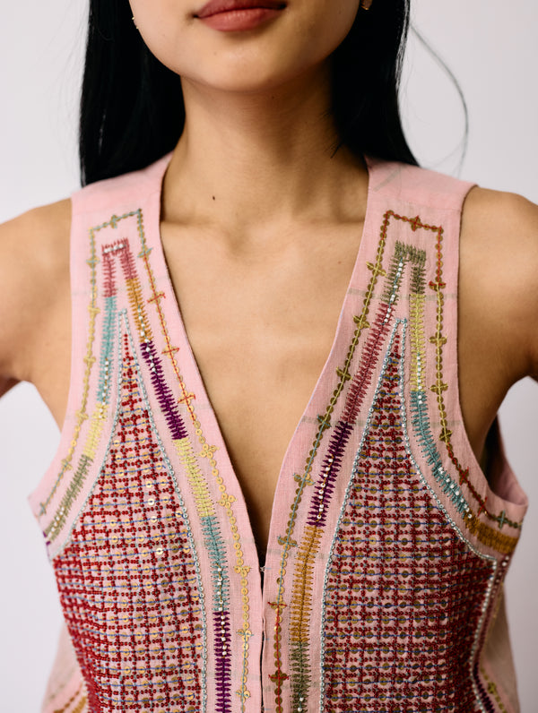 Kaya Hand-Embroidered Vest - Pink