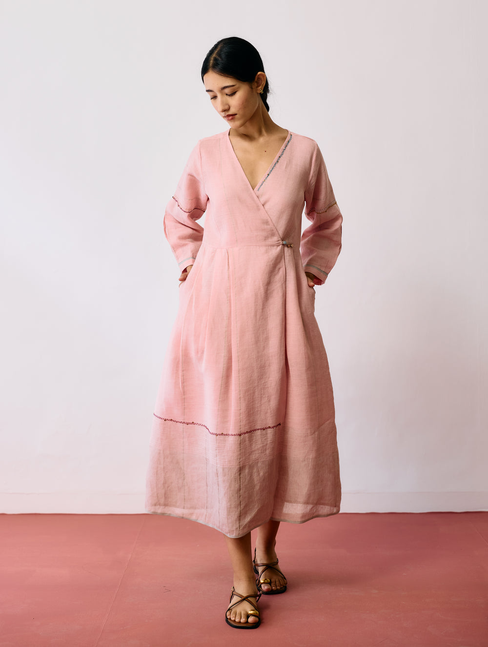 Raya Metallic Linen Wrap dress - Pink