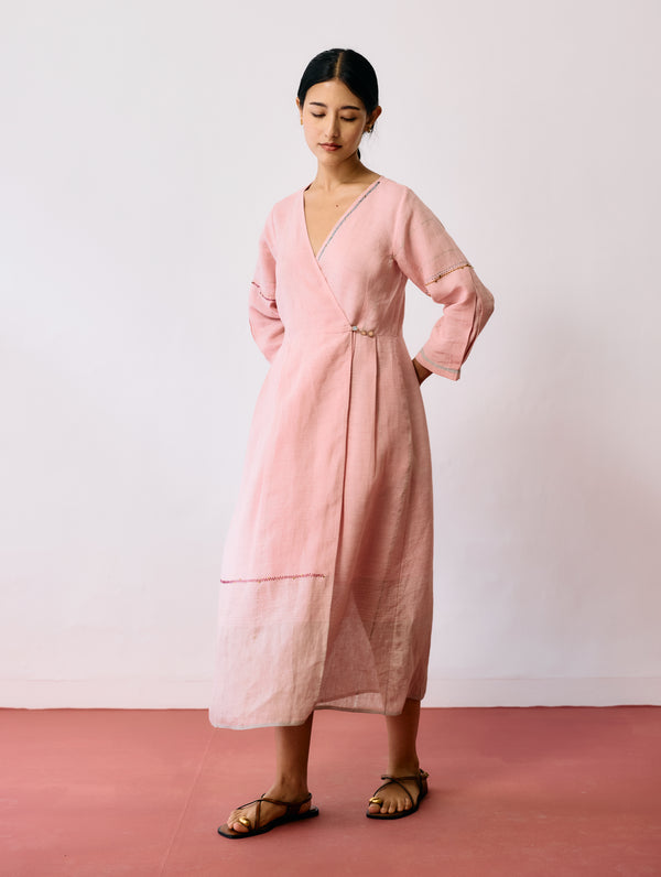Raya Metallic Linen Wrap dress - Pink