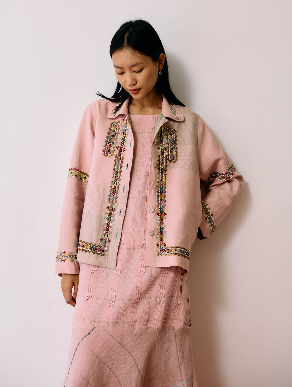 Zuri Hand-Embroidered Metallic Jacket - Pink