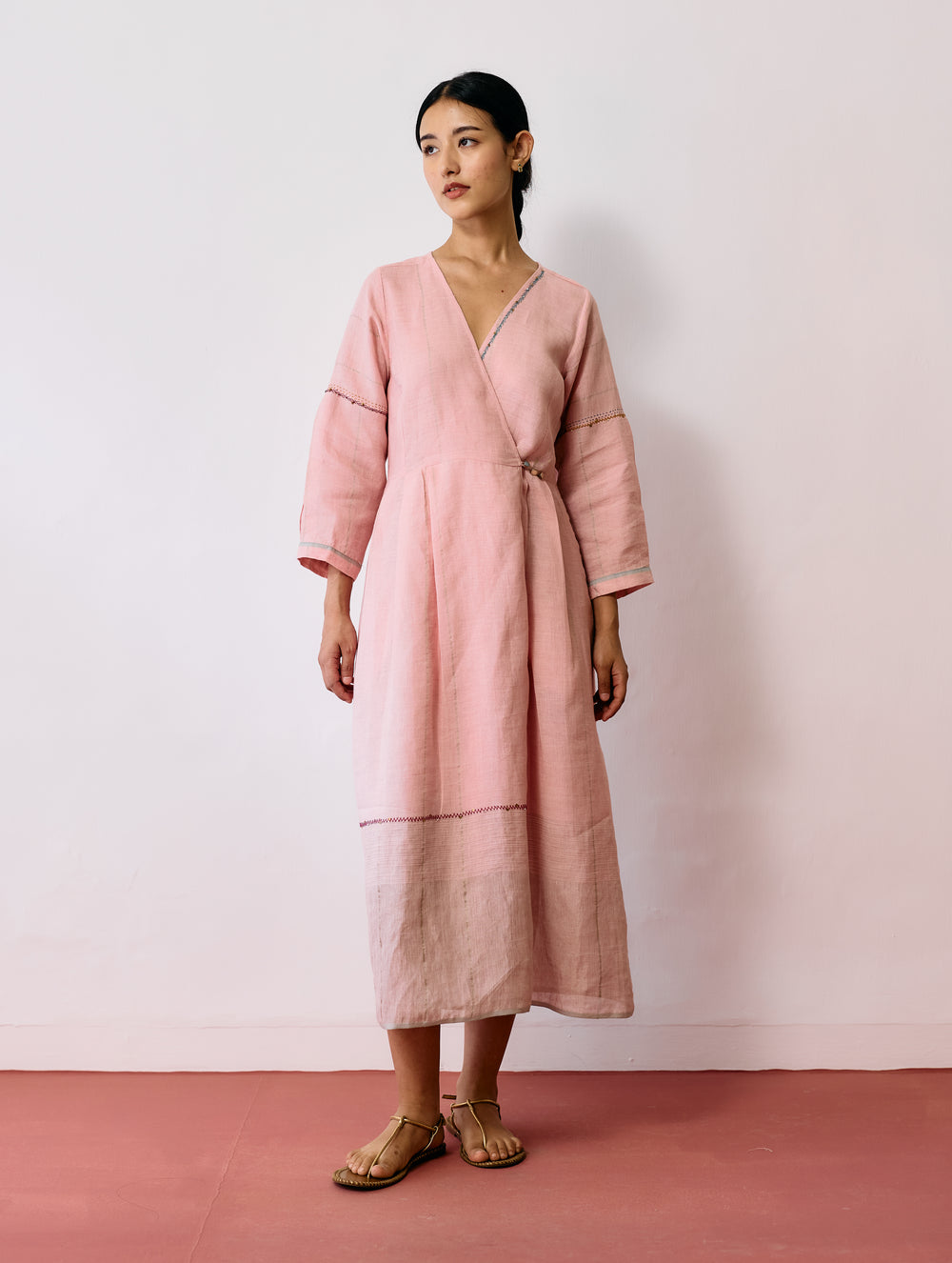Raya Metallic Linen Wrap dress - Pink