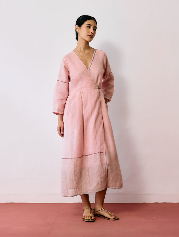 Raya Metallic Linen Wrap dress - Pink