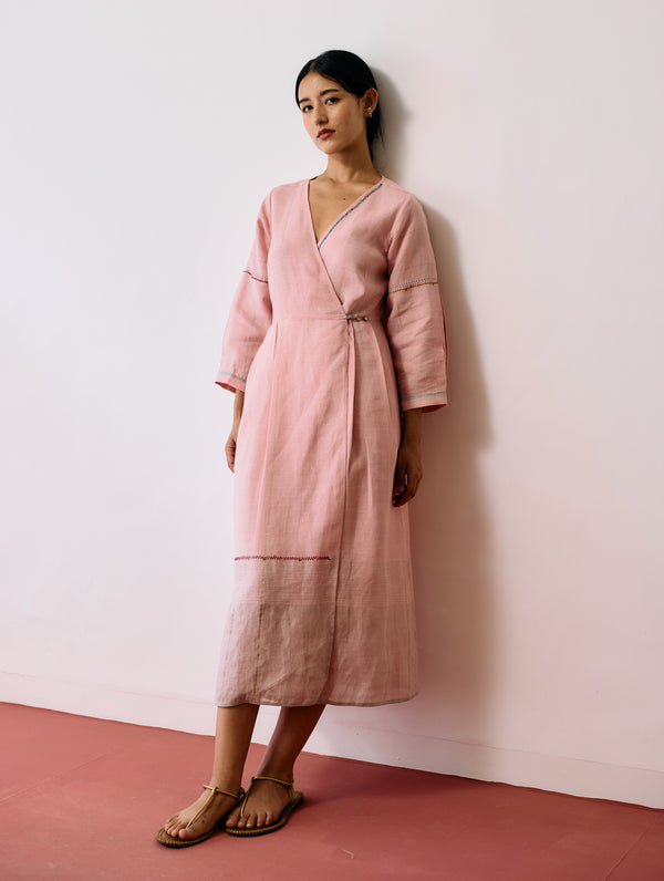 Raya Metallic Linen Wrap dress - Pink