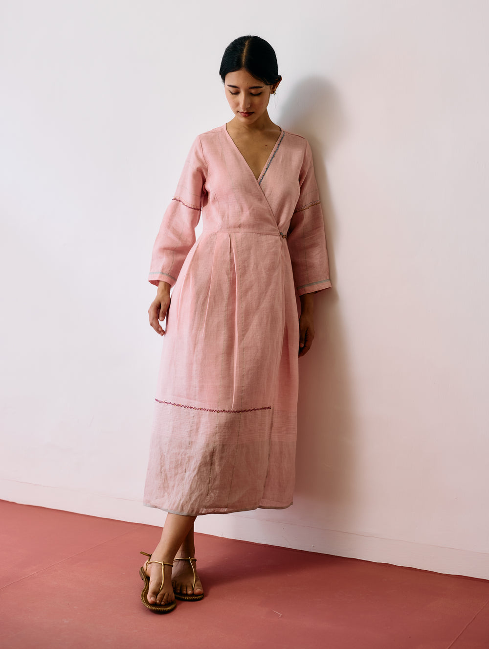 Raya Metallic Linen Wrap dress - Pink