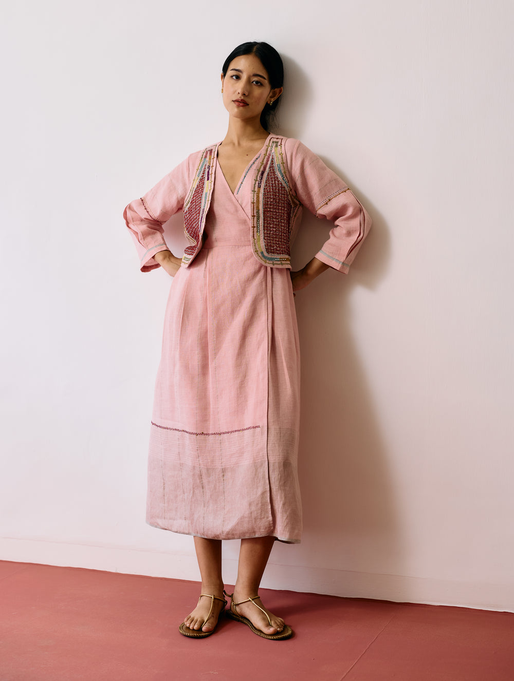 Raya Metallic Linen Wrap Dress with Jacket - Pink