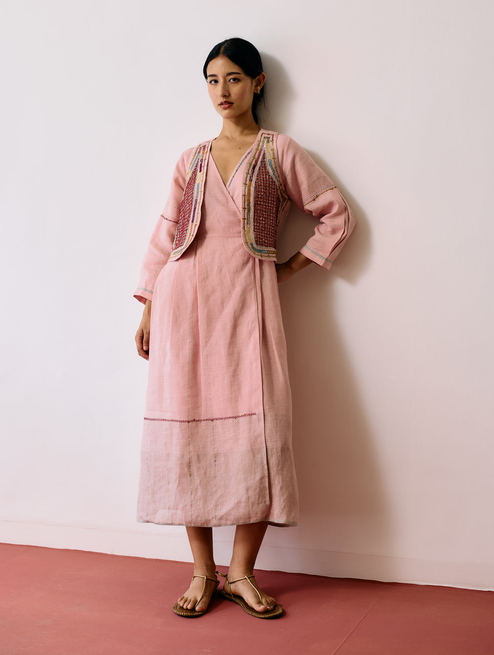 Raya Metallic Linen Wrap Dress with Jacket - Pink
