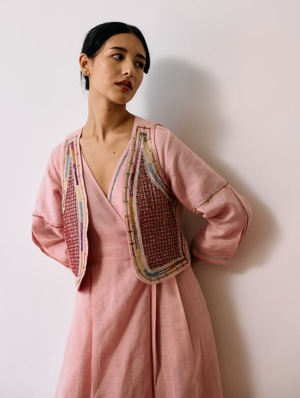Raya Metallic Linen Wrap Dress with Jacket - Pink