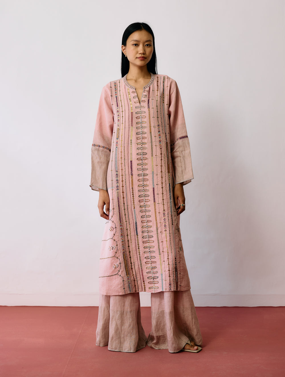 Aicha Hand-Embroidered Panelled Kurta Set - Pink