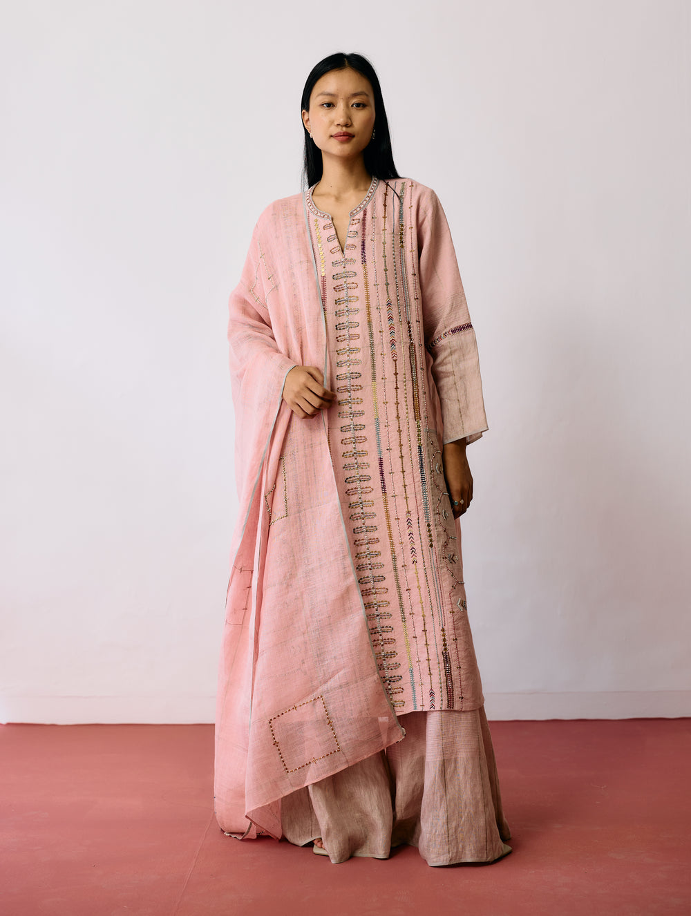 Aicha Hand-Embroidered Panelled Kurta Set - Pink