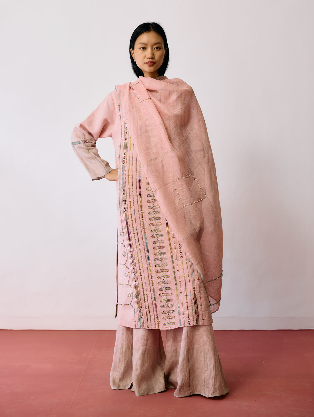 Aicha Hand-Embroidered Panelled Kurta Set - Pink