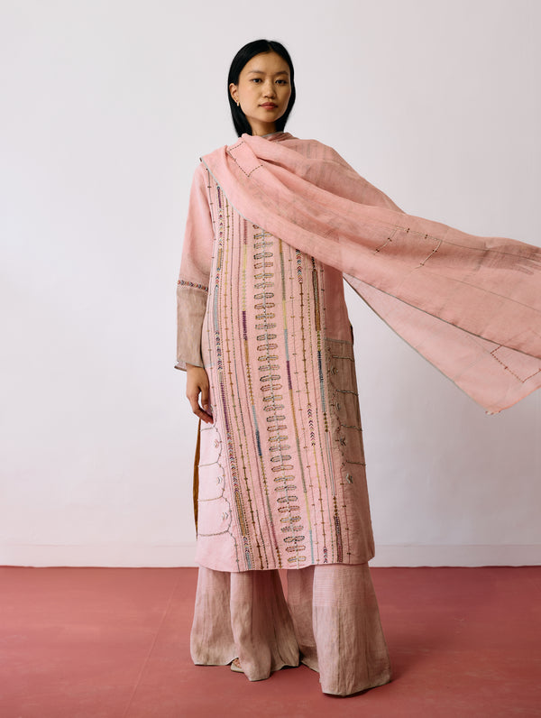 Mora Hand-Embroidered Metallic Linen Dupatta - Pink