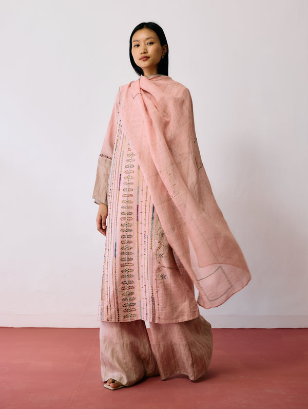 Mora Hand-Embroidered Metallic Linen Dupatta - Pink