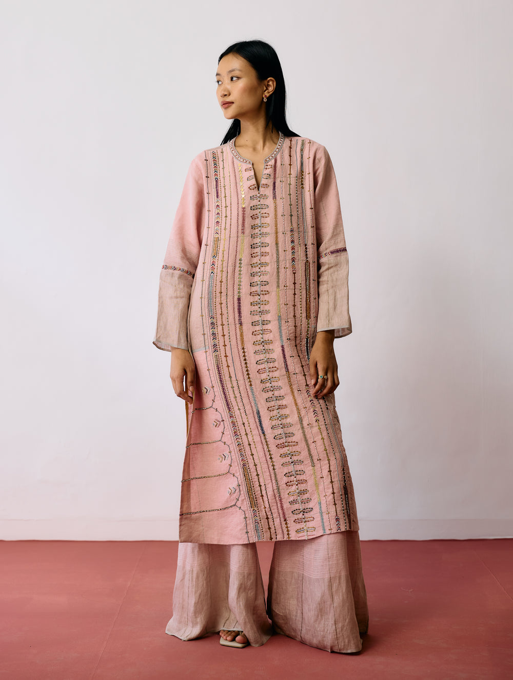 Aicha Hand-Embroidered Panelled Kurta Set - Pink