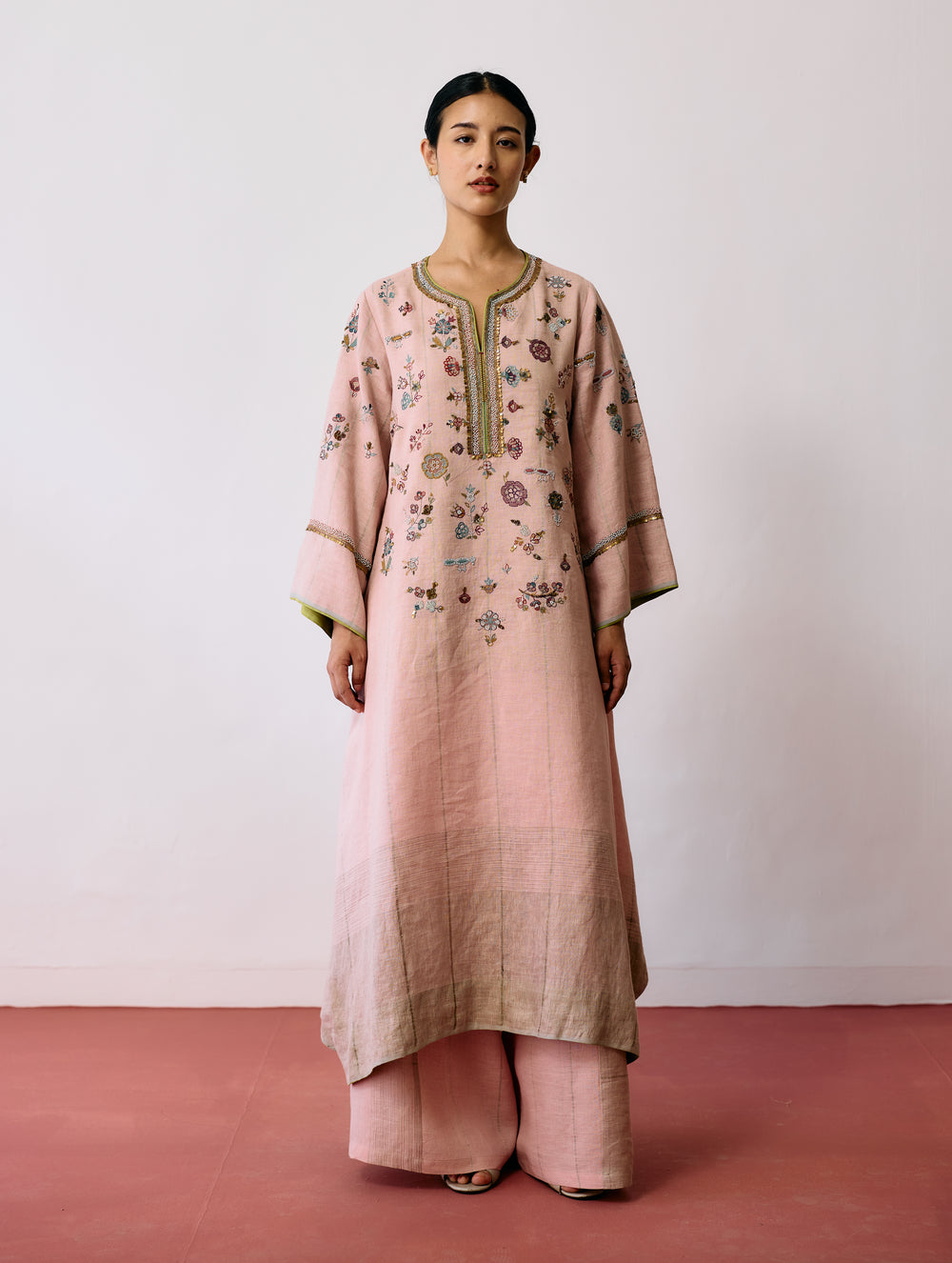 Ura Hand-Embroidered Metallic Linen Kurta Set - Pink