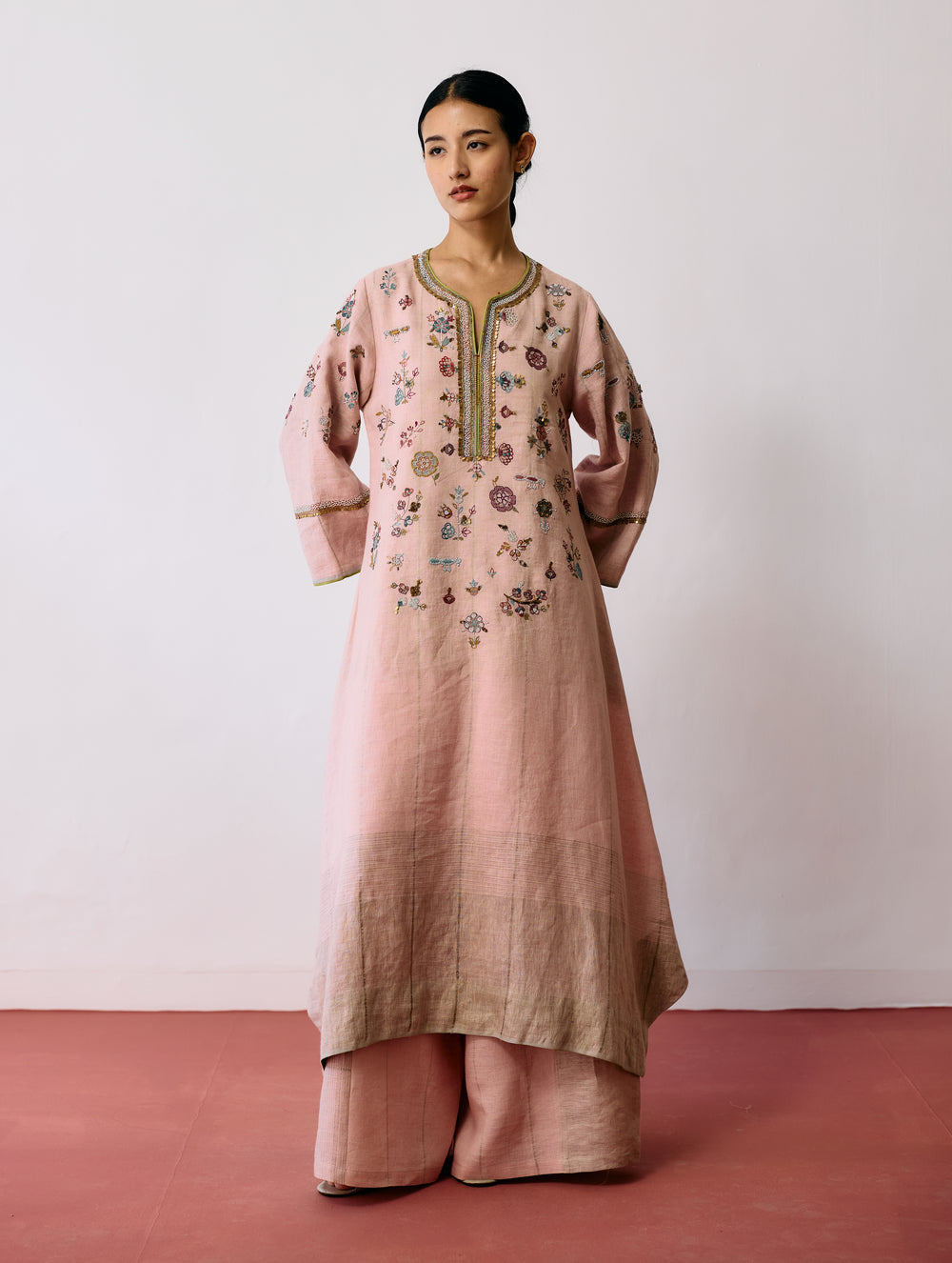 Ura Hand-Embroidered Metallic Linen Kurta - Pink