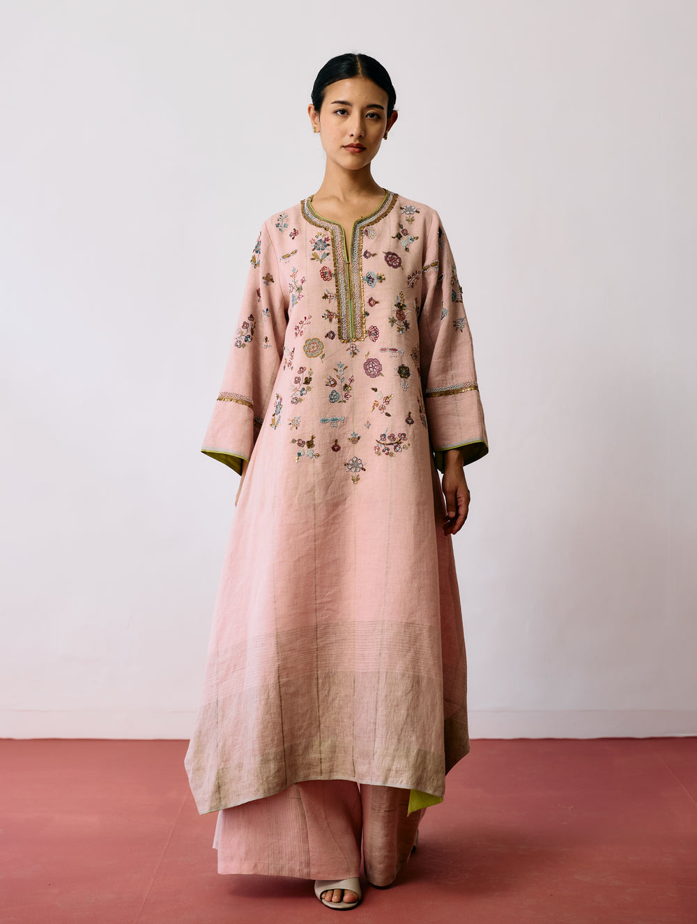 Ura Hand-Embroidered Metallic Linen Kurta - Pink