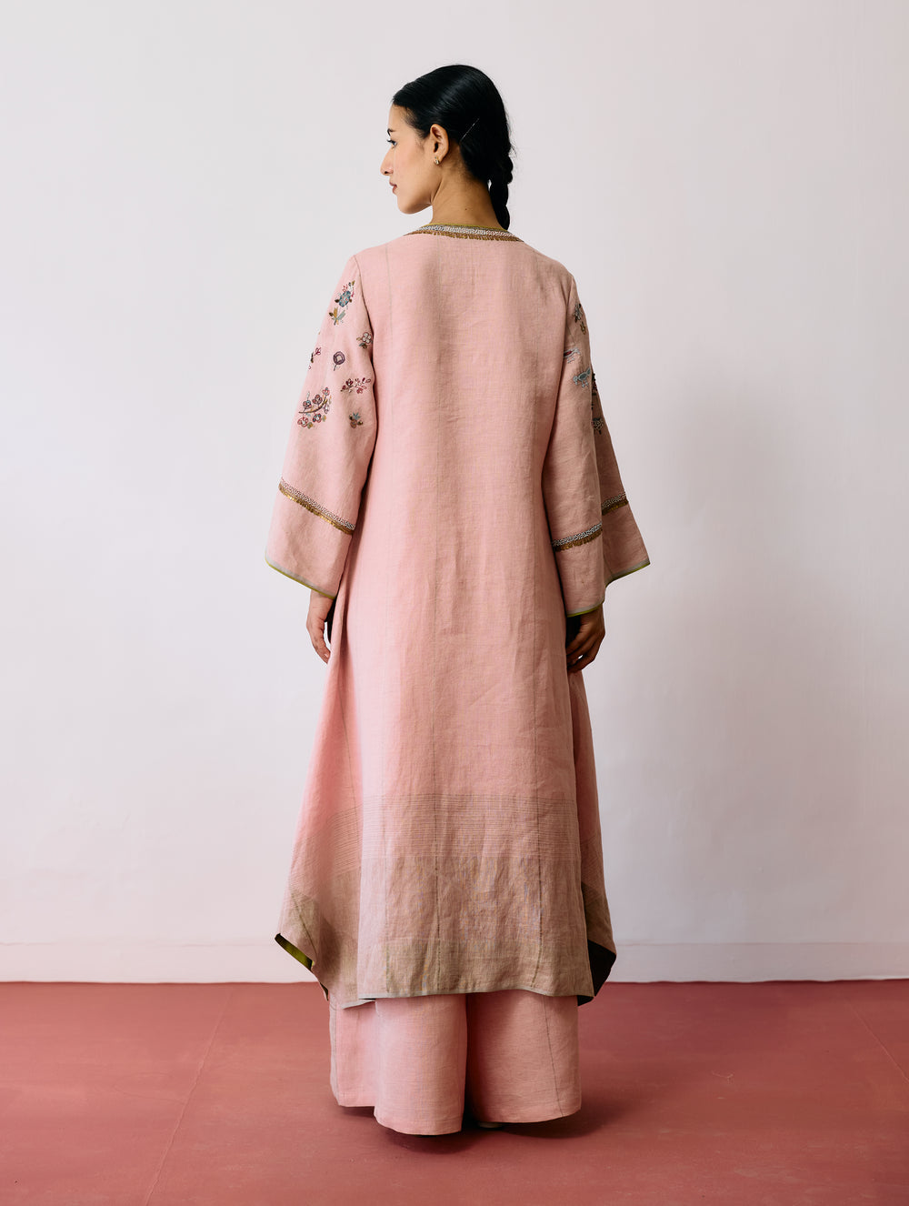 Ura Hand-Embroidered Metallic Linen Kurta - Pink