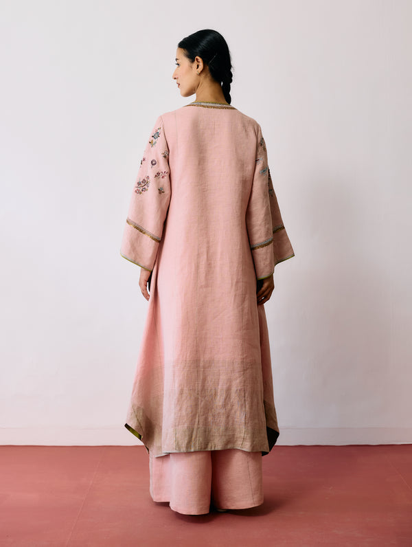 Ura Hand-Embroidered Metallic Linen Kurta - Pink